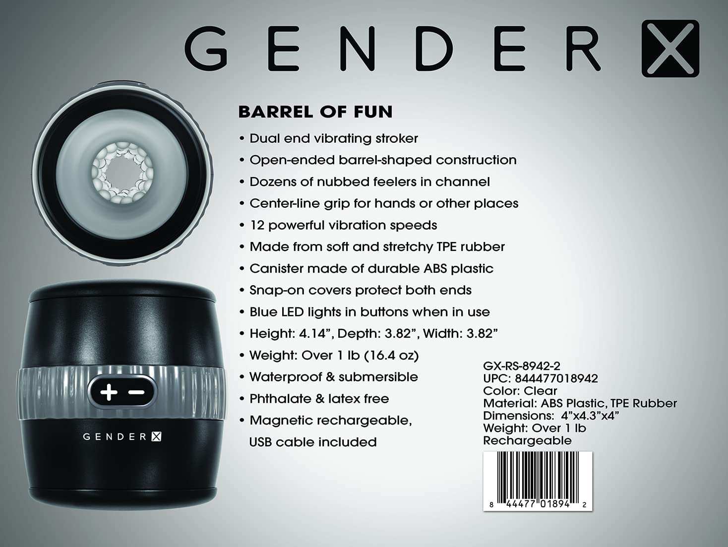 Gender X - Barrel Of Fun dual-end vibrating stroker with nubbed interior, center-line grip, waterproof design, rechargeable with USB cable.