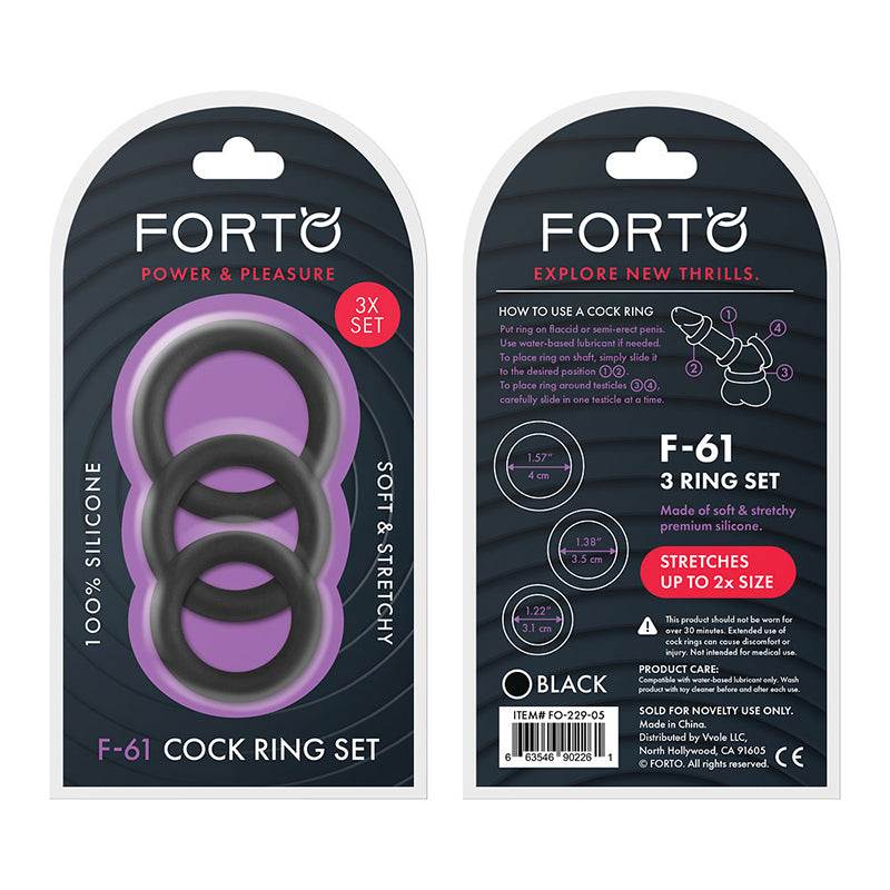 Forto F-61 3-Piece Silicone Cockring Set packaging with three sizes of black rings.