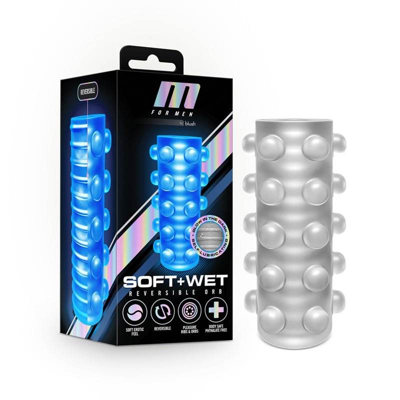 Men Soft + Wet Reversible Orb Glow in the Dark Self-Lubricating Stroker Frosted with unique reversible design and textured surfaces.