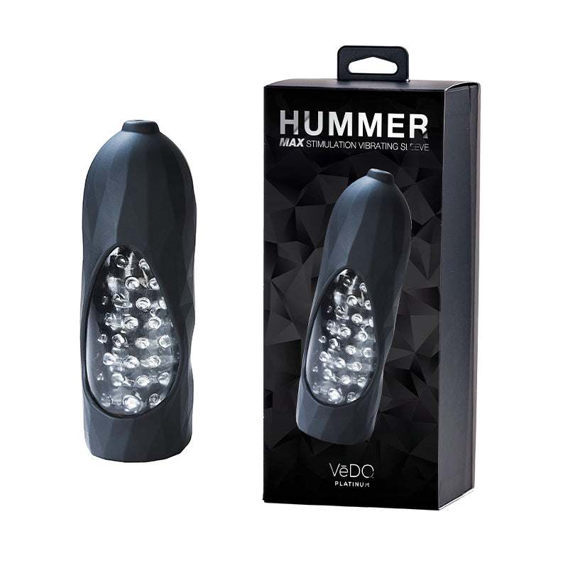 Vedo Hummer 2.0 Rechargeable Vibrating Sleeve with box, featuring two powerful motors and a sleek design.