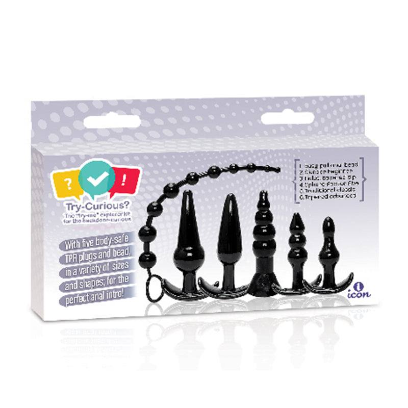 Try-Curious Anal Plug Kit black silicone set with five body-safe plugs in various sizes and shapes for beginners and experienced users