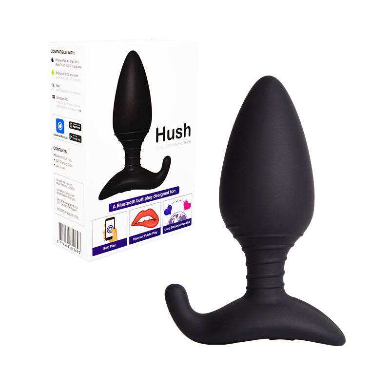 Lovense Hush remote app-controlled vibrating black silicone butt plug with tapered tip and flared base