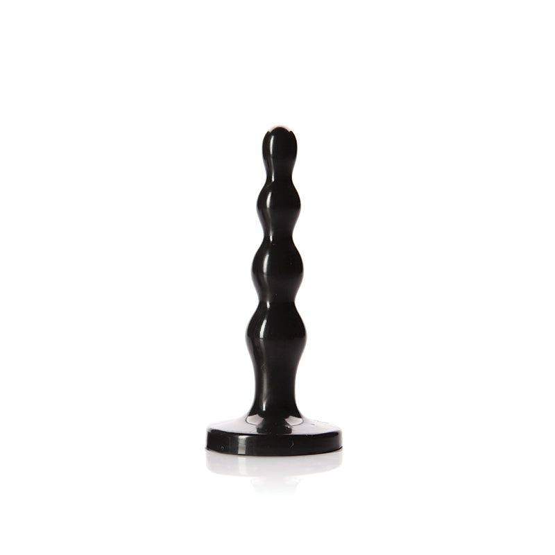 Small black Tantus Ripple Premium Silicone Plug with tapered ripples and flared base for comfortable anal play.