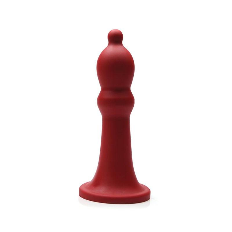 Tantus Bishop Dildo with box packaging, red silicone, curved design, flared base, safe for anal play.