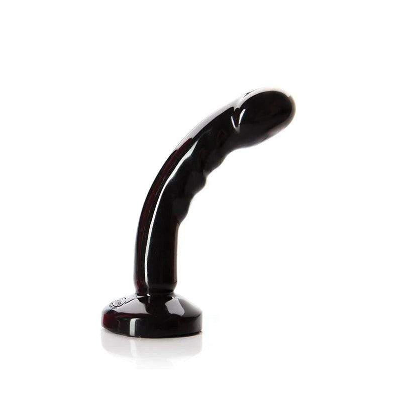 Tantus Compact Premium Silicone Dildo - Black for beginners with angled head and harness compatibility.