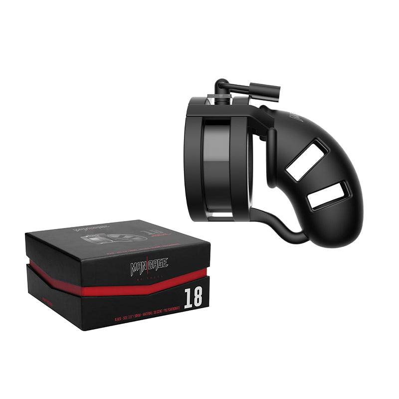 Man Cage Model 18 Chastity Device with Ballsplitter - 3.5" length, secure locking, black design, includes packaging.