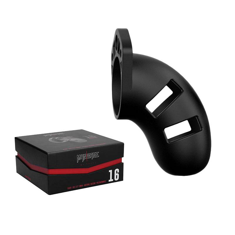 Man Cage Model 20 Silicone Chastity Device 3.5" with box, designed for comfortable and secure wear.
