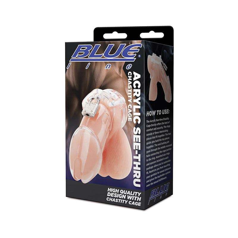 Blue Line Acrylic See-Thru Chastity Cage Clear in packaging.