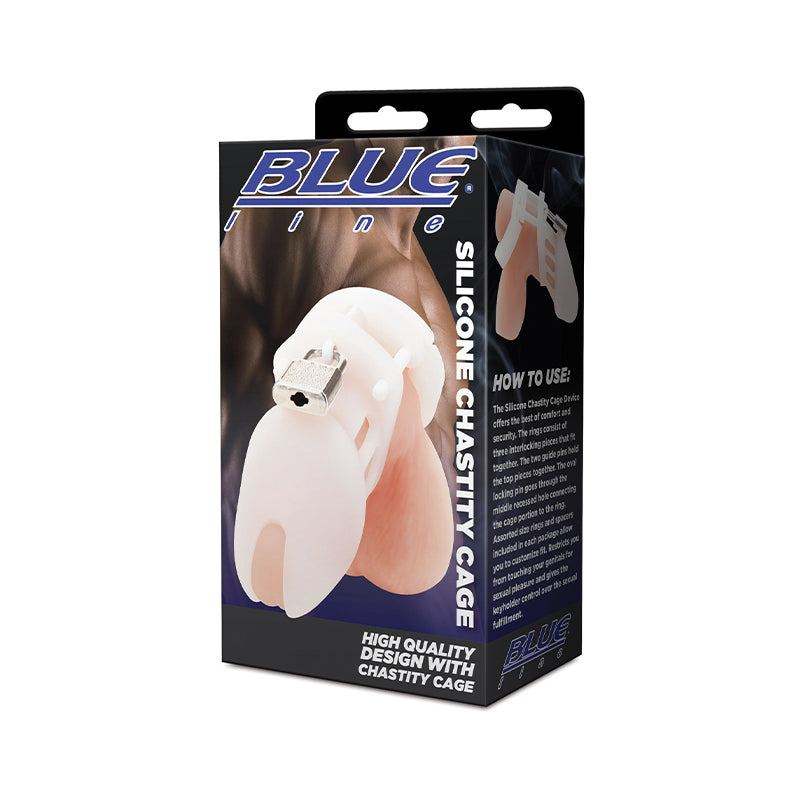 Blue Line Silicone Chastity Cage in white with secure lock and ergonomic design in retail packaging
