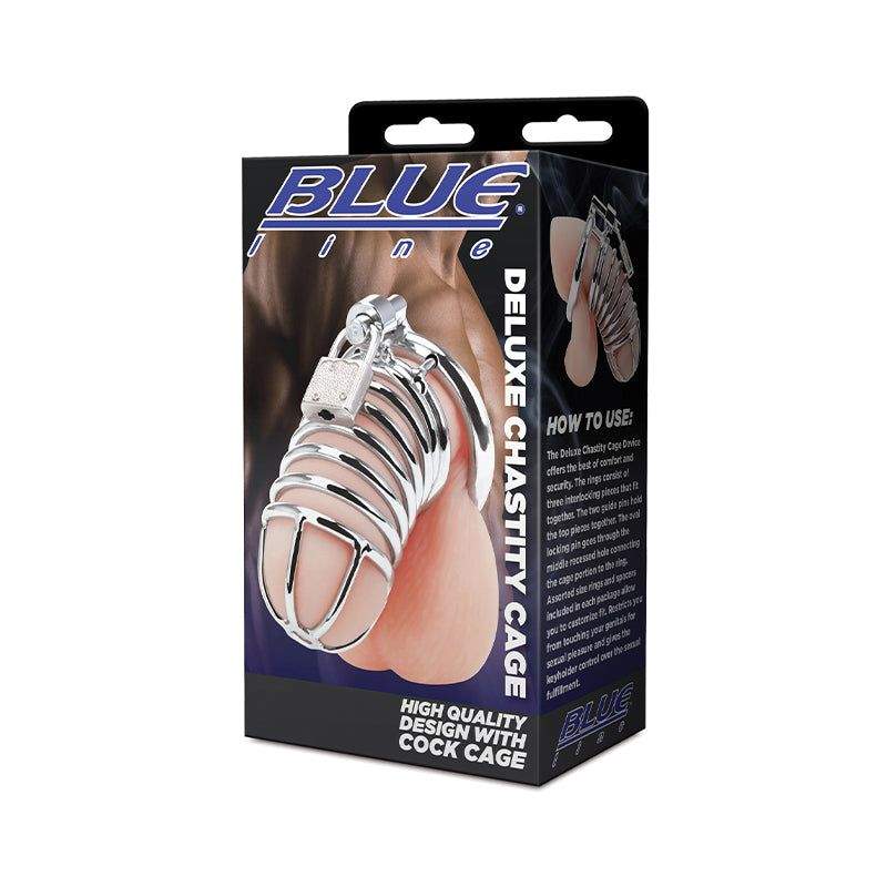 Blue Line Deluxe Chastity Cage Silver in packaging with secure locking mechanism and stainless steel design.
