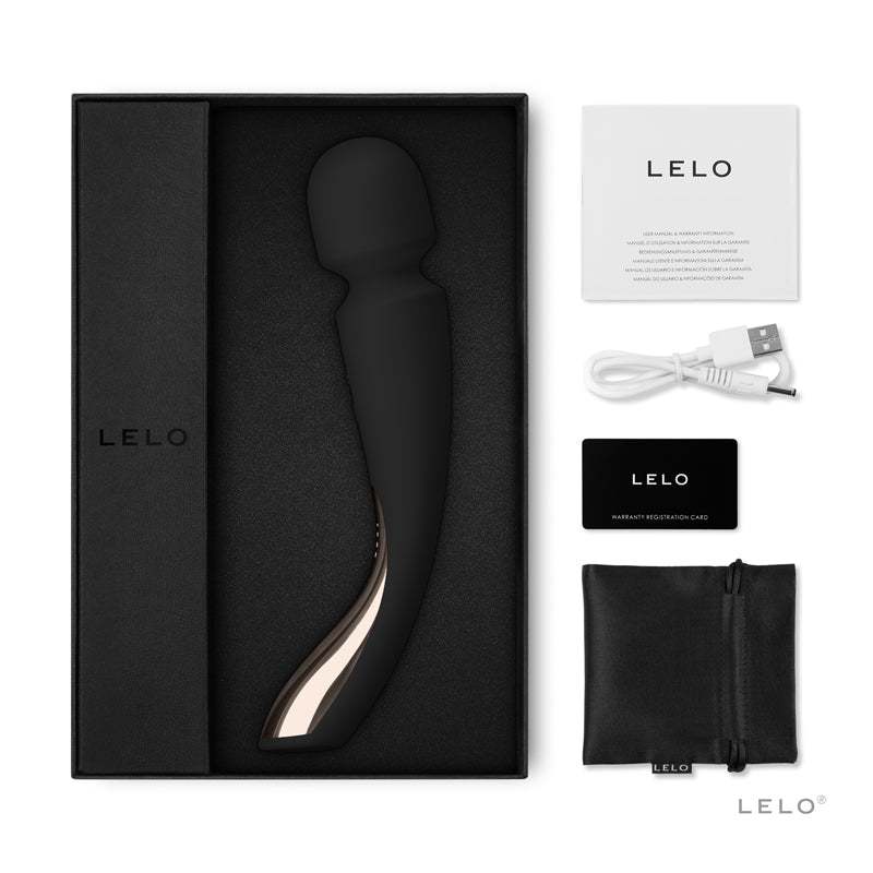 LELO SMART WAND 2 Medium Rechargeable Wand Vibrator Black with accessories in box.