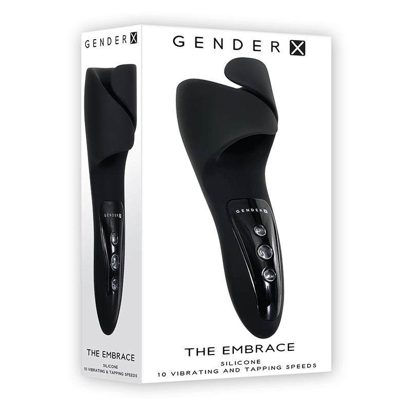 Gender X The Embrace Pulsating Masturbator in black silicone with vibrating and tapping speeds and ergonomic design.