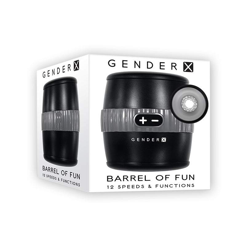 Gender X Barrel Of Fun Stroker in black with 12 speeds and functions, sleek barrel design and textured interior for versatile pleasure.