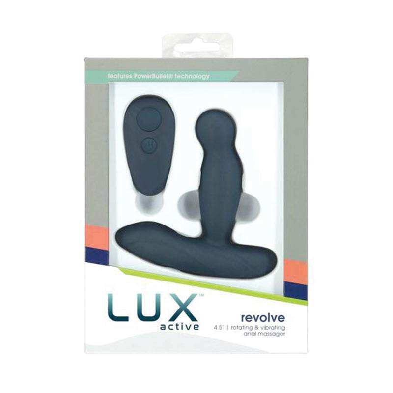 Lux Active Revolve 4.5 inch rotating and vibrating silicone prostate massager with wireless remote in packaging