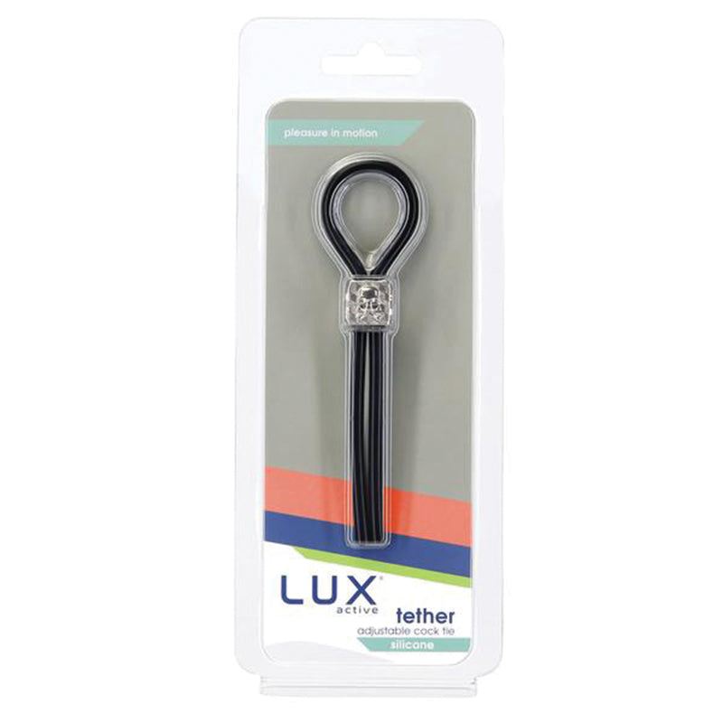 Lux Active Tether adjustable black silicone cock tie in lasso/bolo style in retail packaging