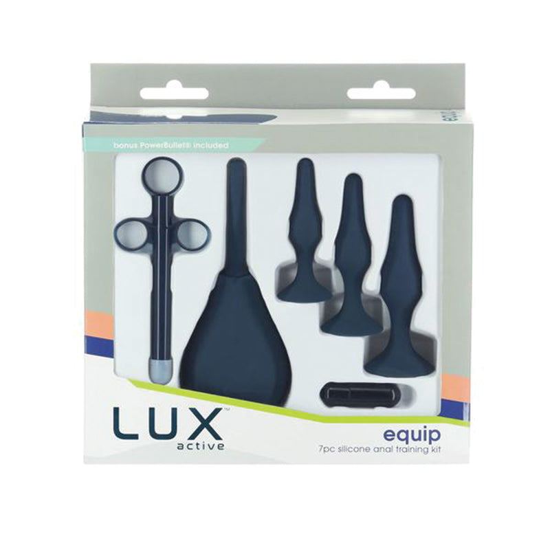 Lux Active Equip 7-Piece Anal Training Kit Silicone Black, high-quality silicone butt plugs, sleek packaging.