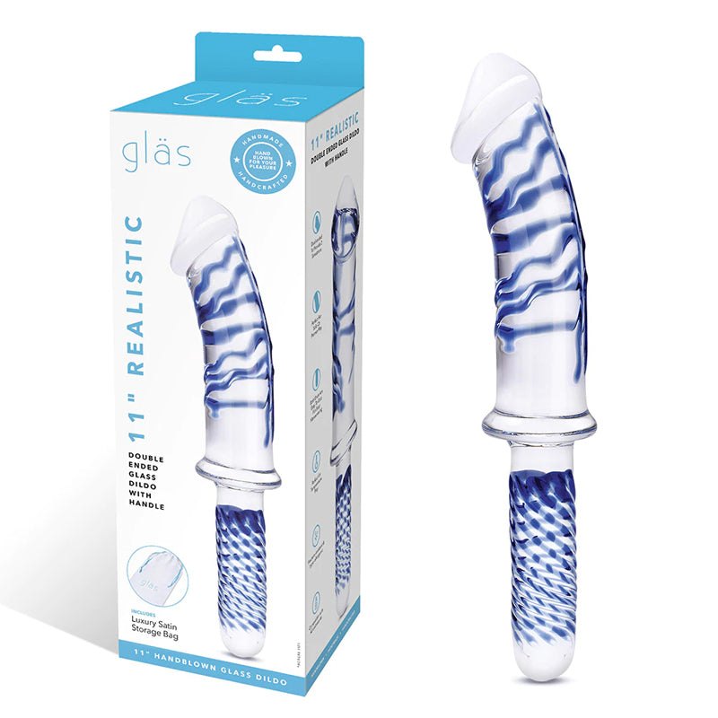 Realistic double ended glass dildo with handle by Glas, featuring lifelike design and high-quality glass.