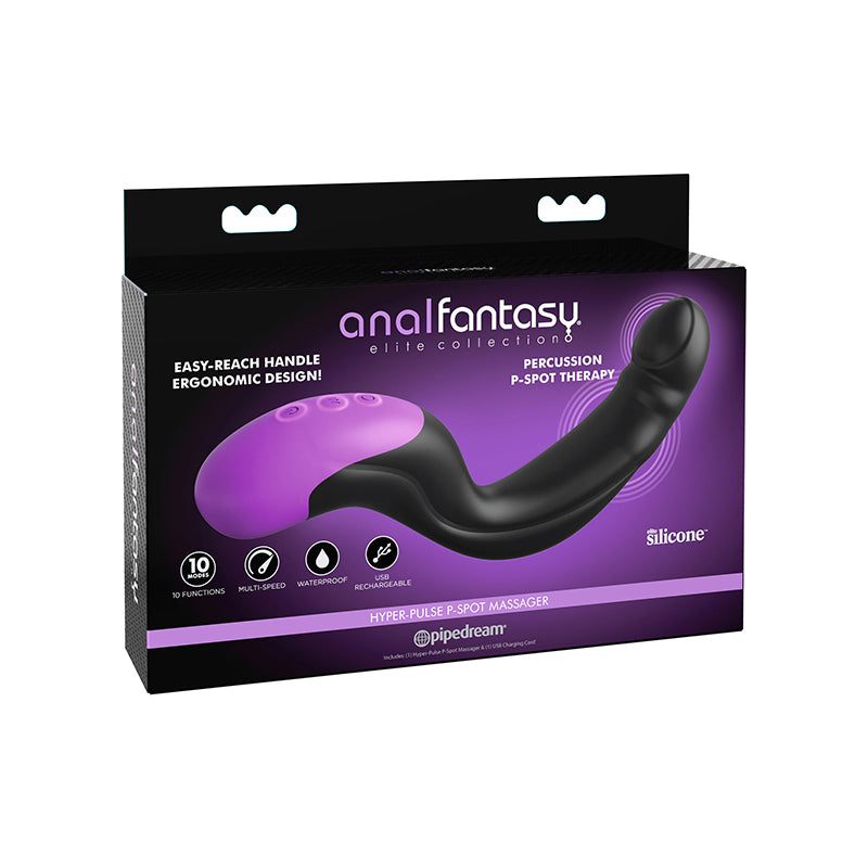 Pipedream Anal Fantasy Elite rechargeable silicone hyper-pulse P-spot massager in black and purple packaging