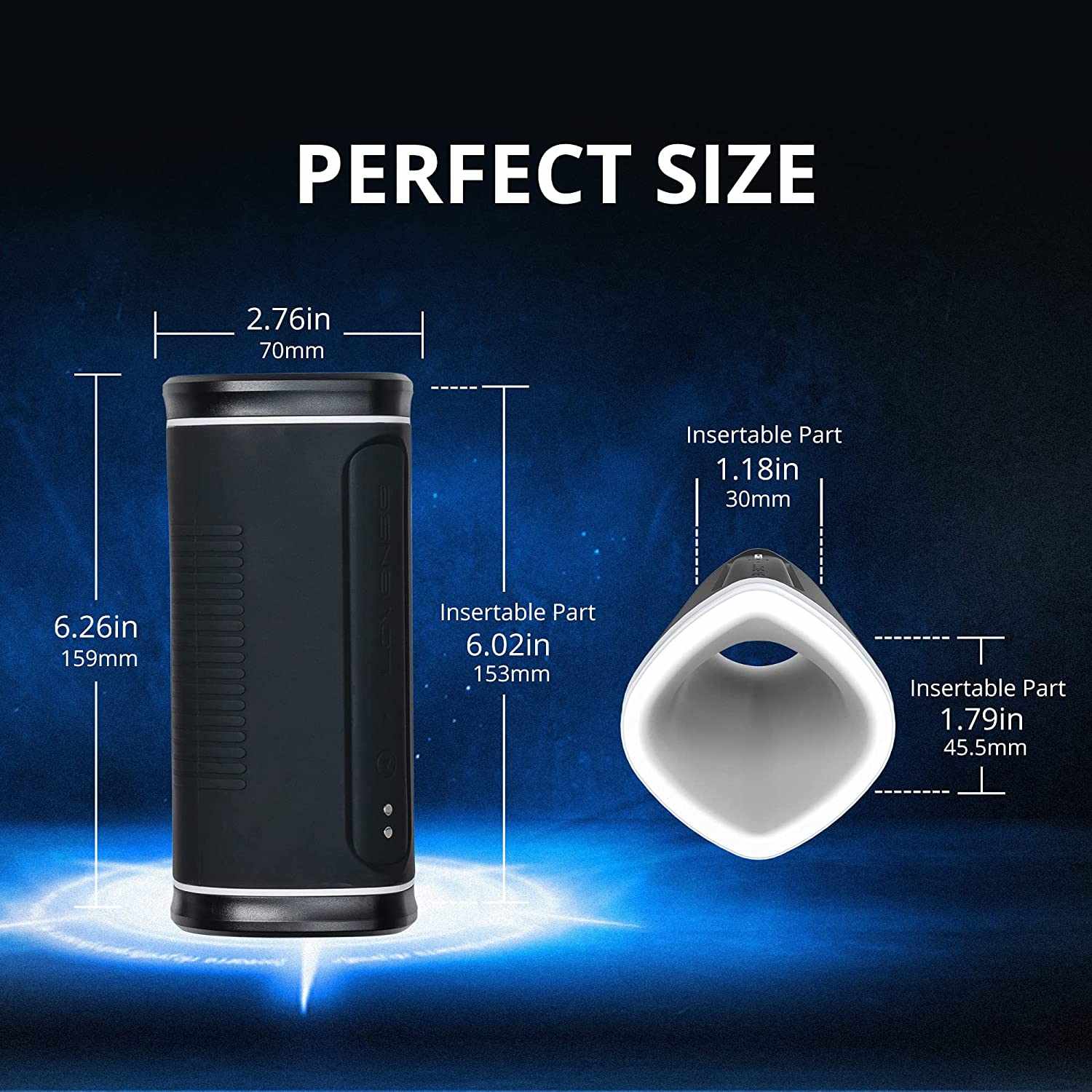 Lovense Calor App-Compatible Vibrating and Heating Masturbator with dimensions.