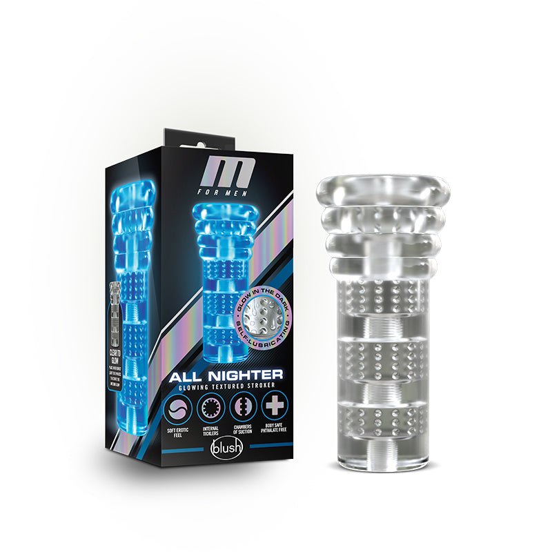 M for Men All Nighter Stroker with soft, stretchy material and textured interior for enhanced pleasure