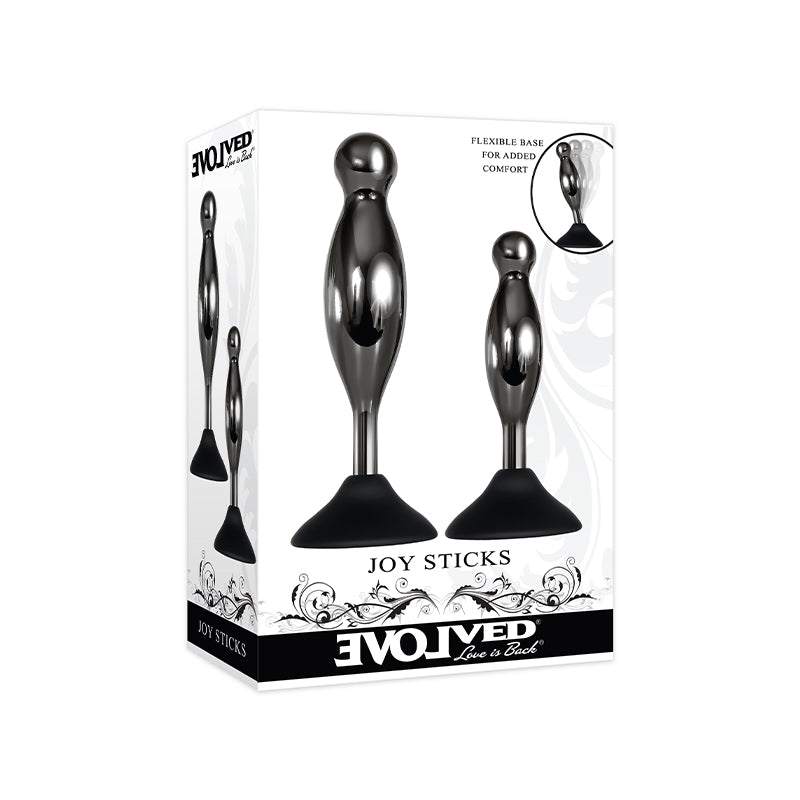 Evolved Joy Sticks 2-Piece Metal Anal Plug Set with Suction Cup Base in Black packaging.