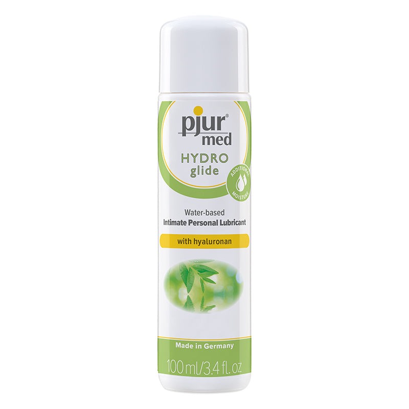 Pjur Med Hydro Glide 100 ml water-based personal lubricant bottle with hyaluronan, ideal for sensitive skin.