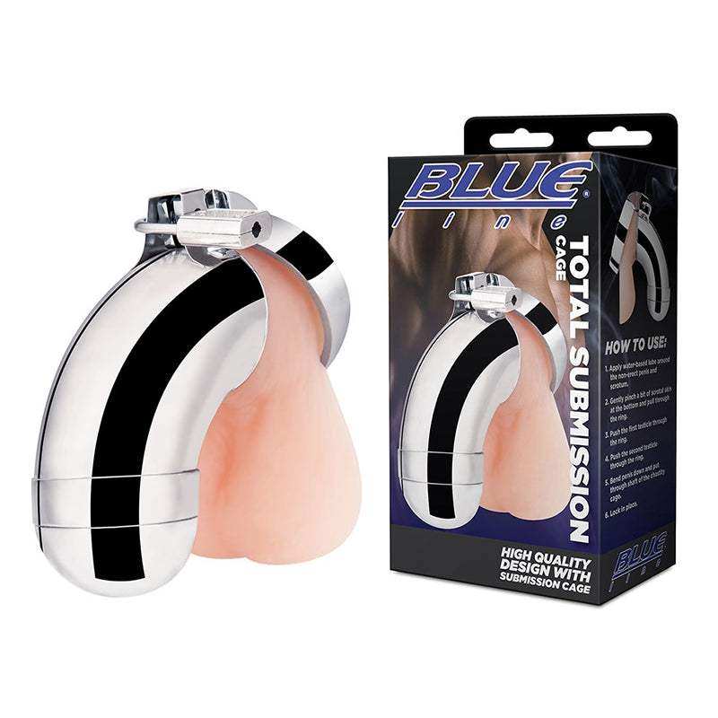 Blue Line Total Submission Cage male chastity device in chrome with packaging box