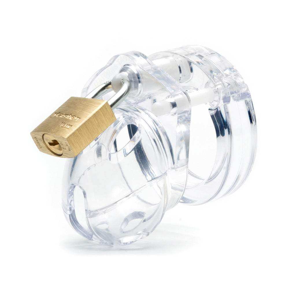 Mini Me Clear Male Chastity device with 1.25-inch length, clear polycarbonate and brass lock for discreet male chastity control