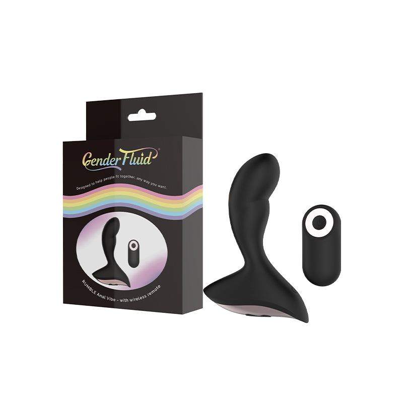 Gender Fluid Rumble rechargeable black silicone anal vibrator with remote control and 10 vibration modes