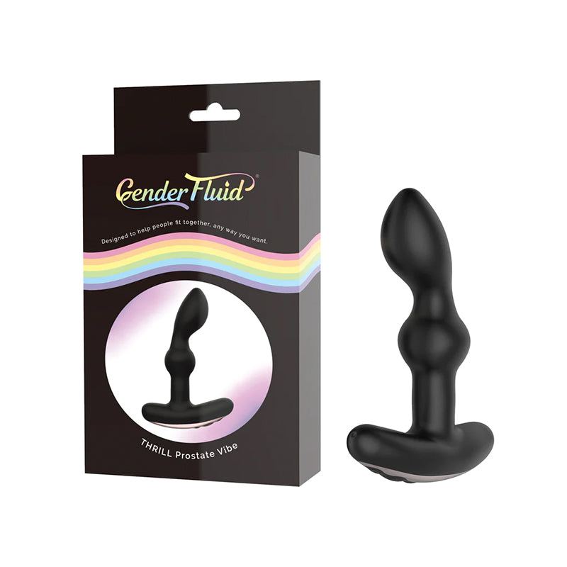 Gender Fluid Thrill black silicone anal vibrator with flexible shaft and multiple vibration modes in packaging