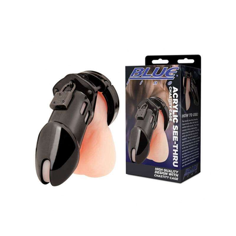 Blue Line Acrylic Chastity Cage in black with secure lock and sleek design.