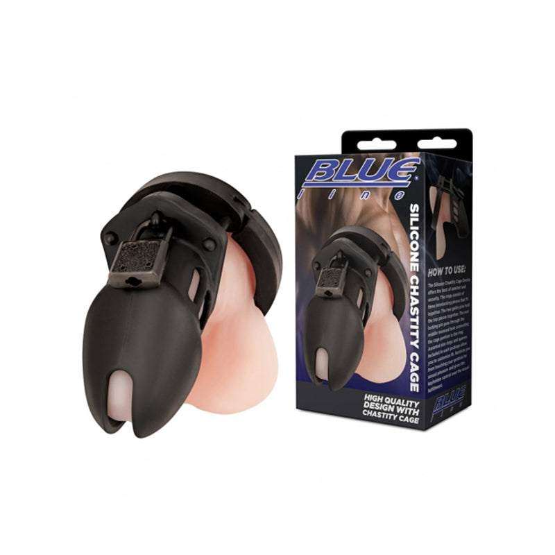 Black Blue Line Silicone Chastity Cage with adjustable straps and durable lock for secure BDSM play