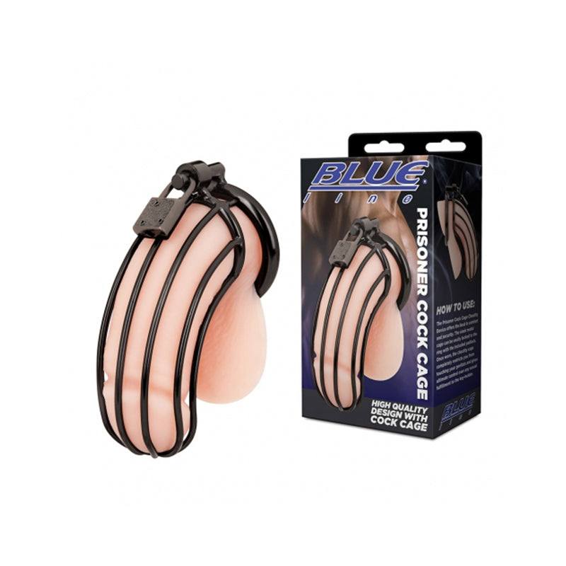 Blue Line Prisoner Cock Cage Black male chastity device with adjustable lock and durable black finish next to packaging box