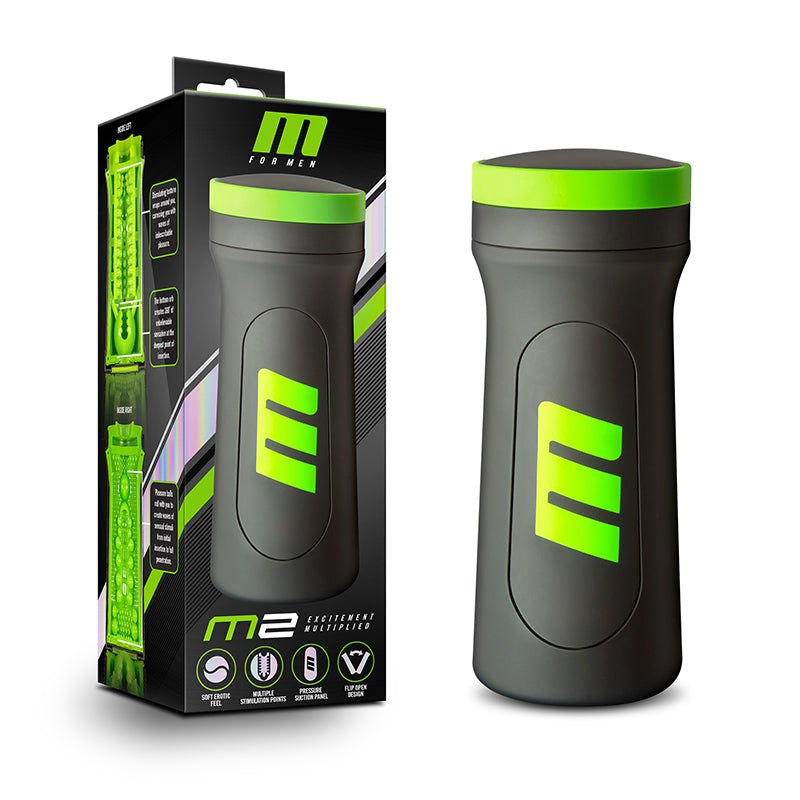 Blush M for Men M2 Superior Stroker Black, premium male masturbator with textured interior and sleek exterior.