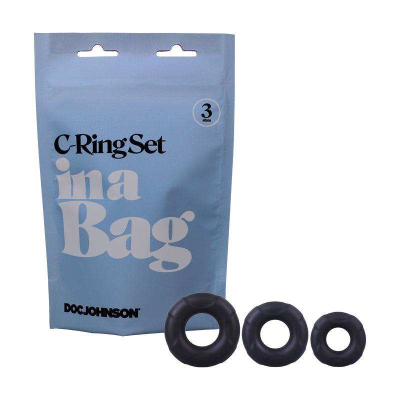 Doc Johnson Cockring Set in a Bag with three silicone rings and storage pouch.