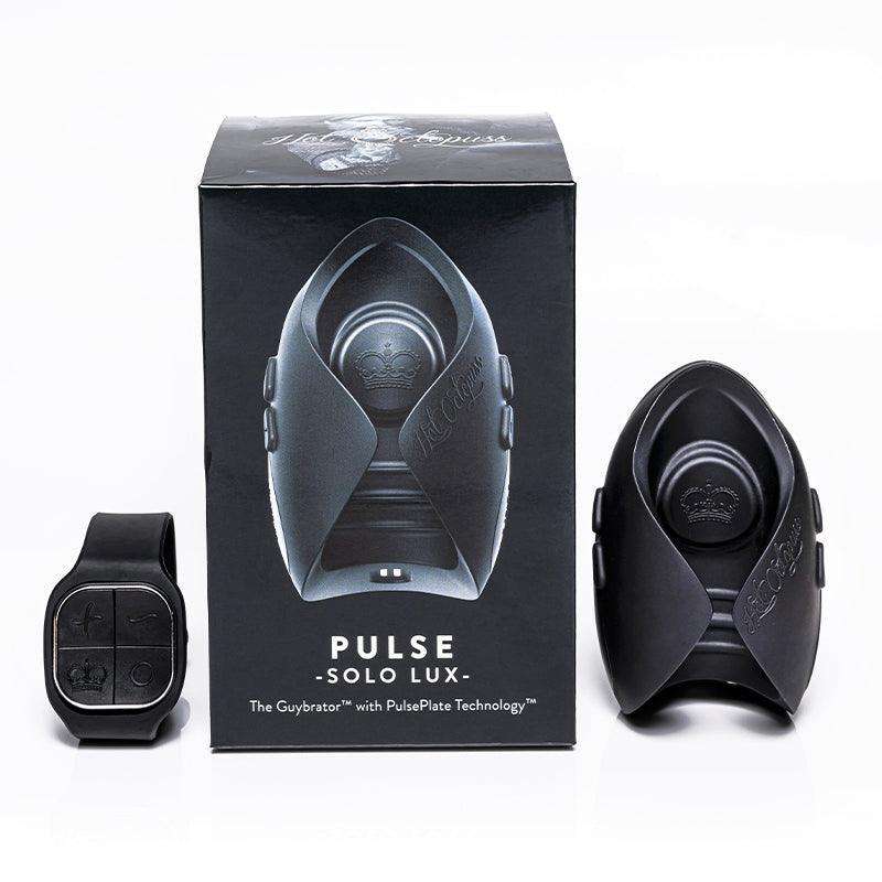 Hot Octopuss Pulse Solo Lux rechargeable remote-controlled male vibrating stroker with black sleek design and remote control.