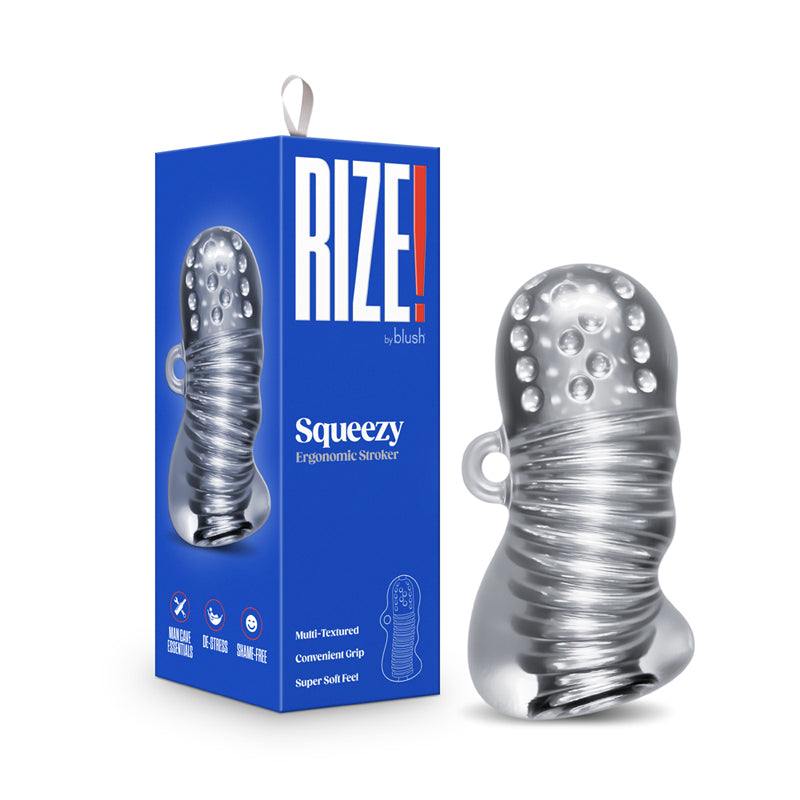 RIZE! Squeezy Ergonomic Stroker with multi-textured ribbed sleeve and ergonomic grip for enhanced solo pleasure