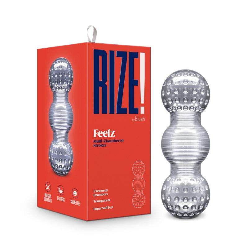 RIZE! Feelz Clear Stroker with Multi Chambers packaging and product.