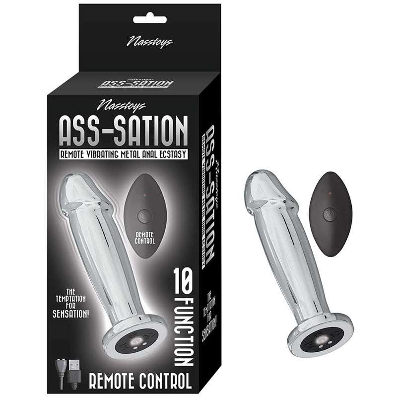 Nasstoys Ass-Sation remote controlled vibrating metal anal plug and bulb with packaging, featuring sleek metal design and remote control accessory.