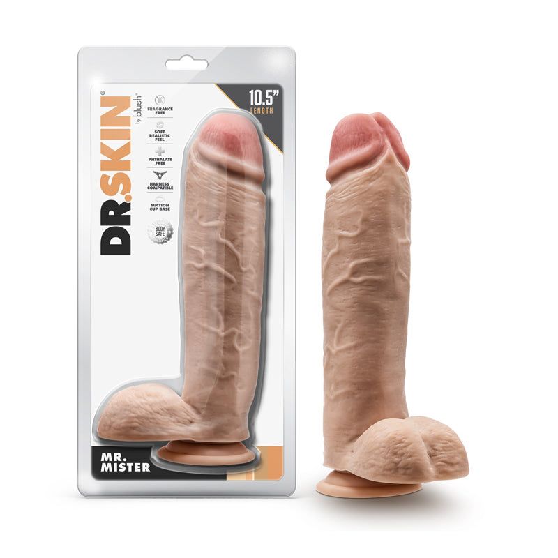 Dr. Skin Mr. Mister 10.5 inch beige dildo with realistic balls and strong suction cup, lifelike TPE texture.