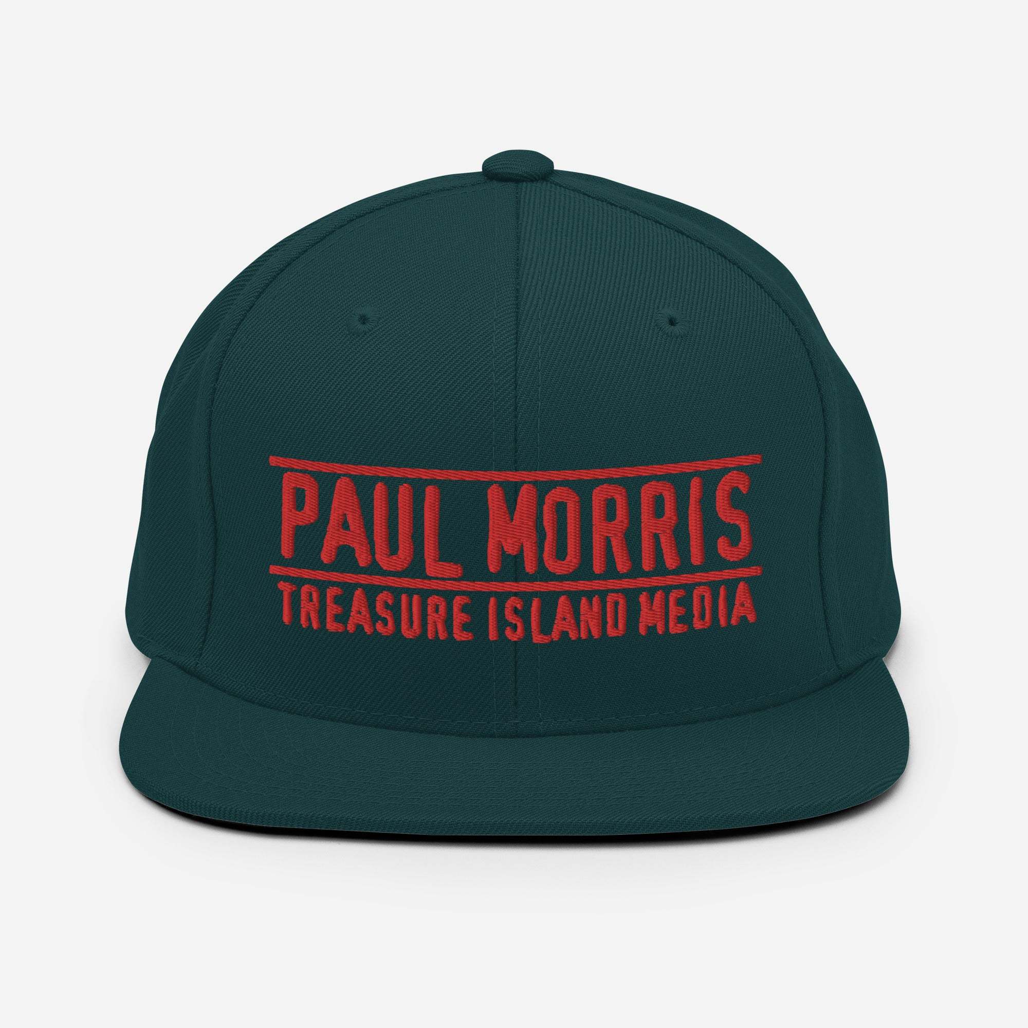 Paul Morris Edition Snapback Hat with red embroidery on the front, featuring a classic fit and flat brim.