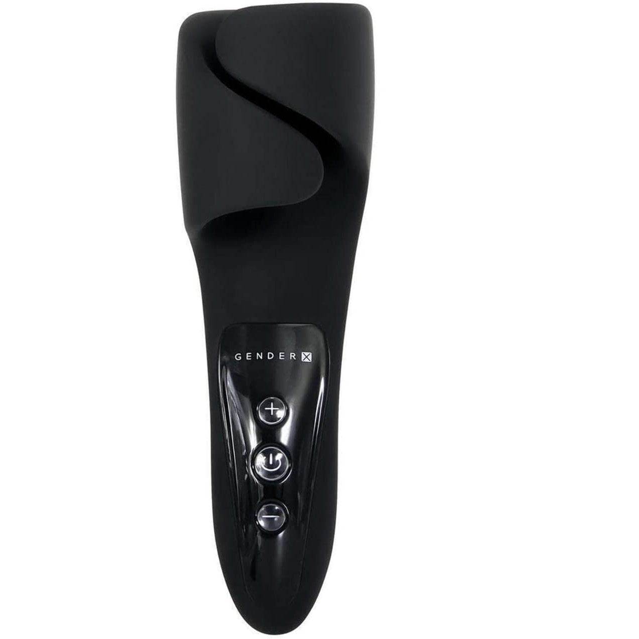 Gender X - The Embrace Pulsating Masturbator with sleek black design and intuitive control buttons for customizable pulsation.