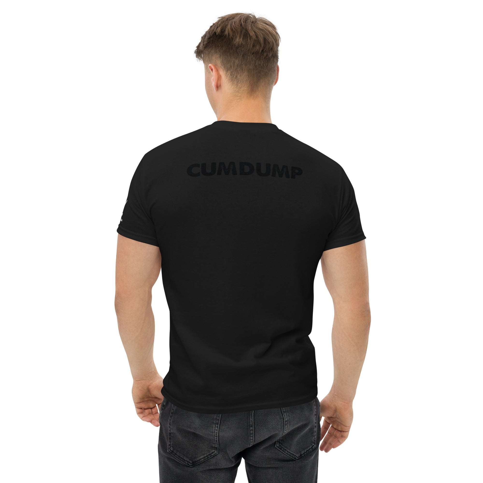 Black Cum Dump T-Shirt from Treasure Island Media, back view, bold logo design.