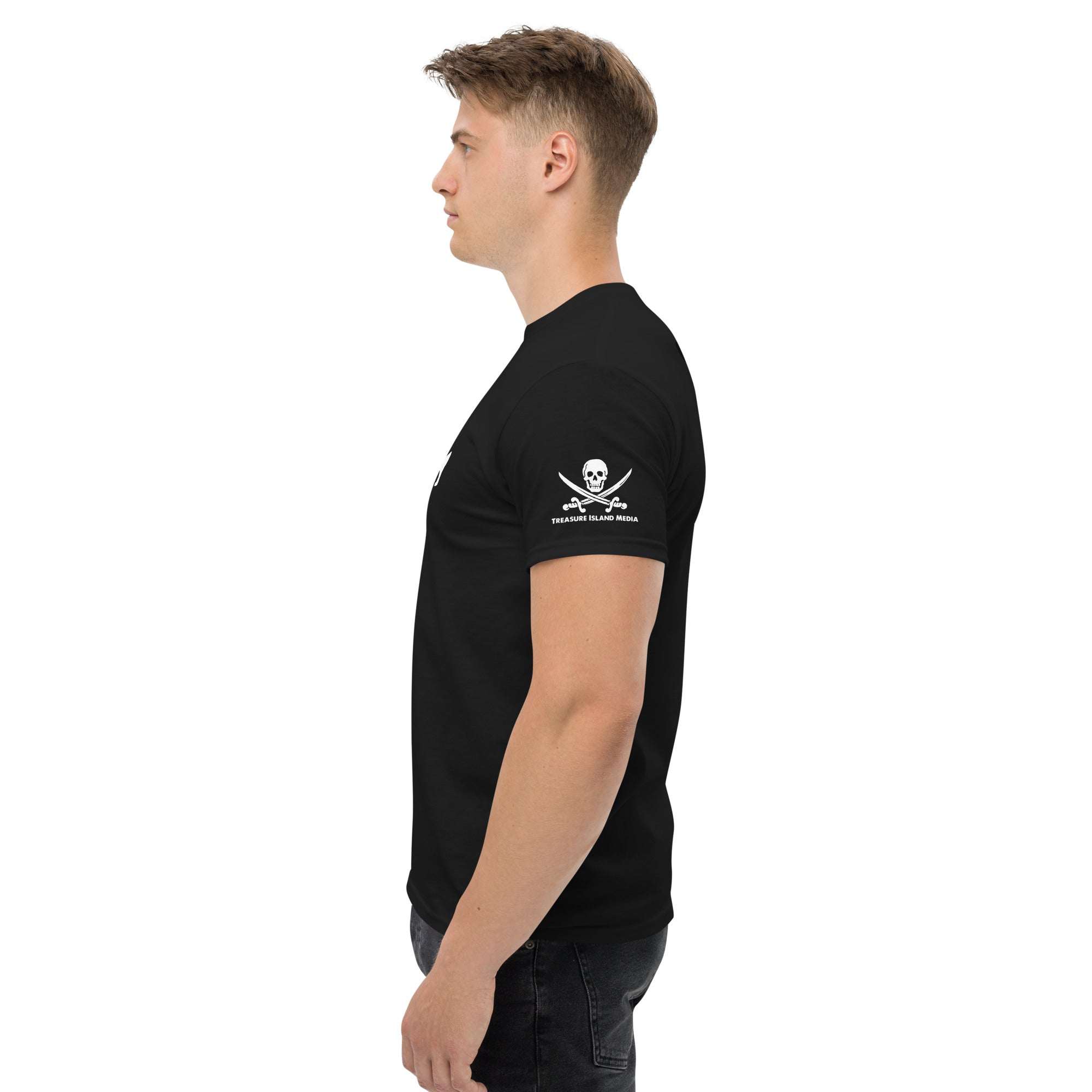 Man wearing Cum Dump T-Shirt from Treasure Island Media, side view.