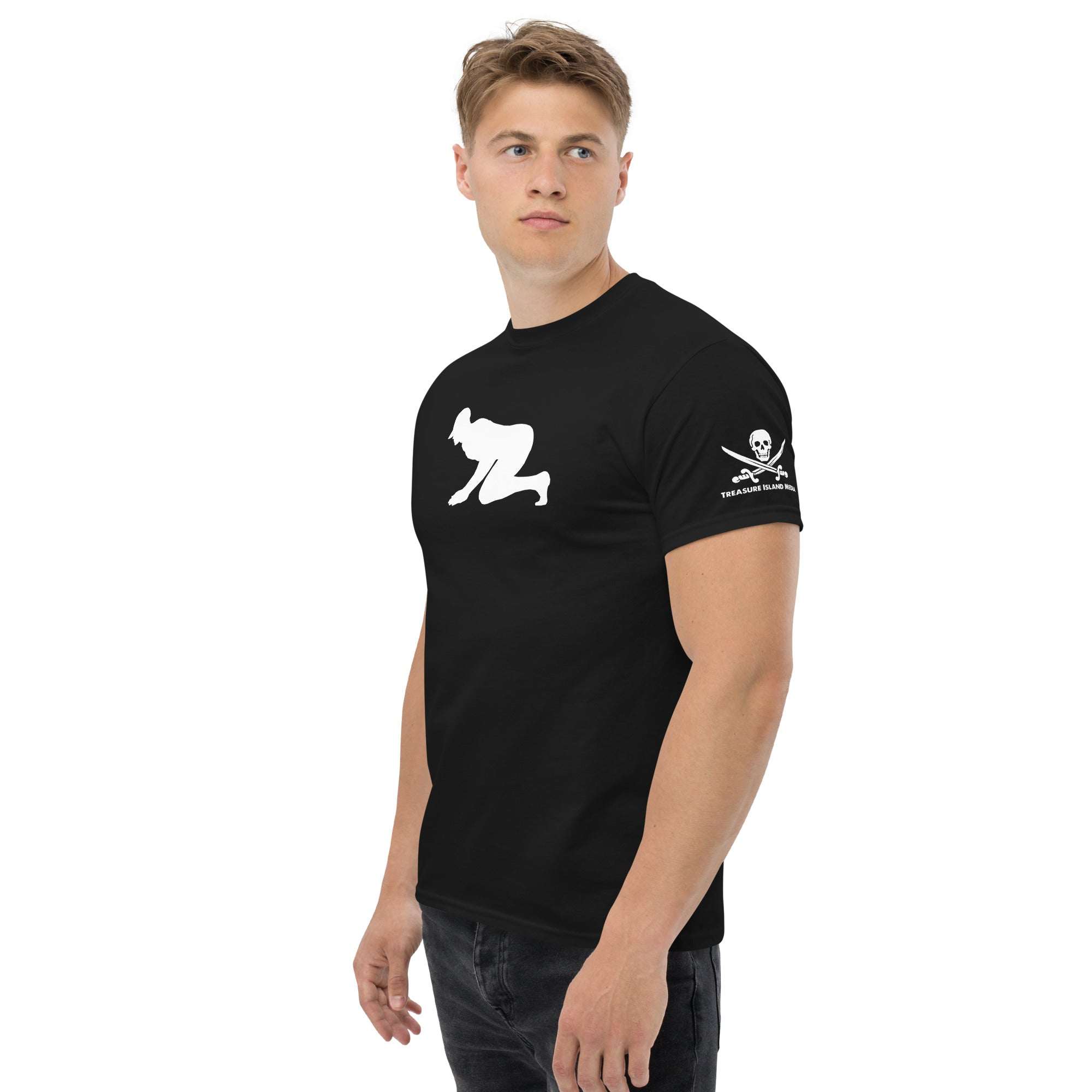 Black Cum Dump T-Shirt with white Treasure Island Media logo.