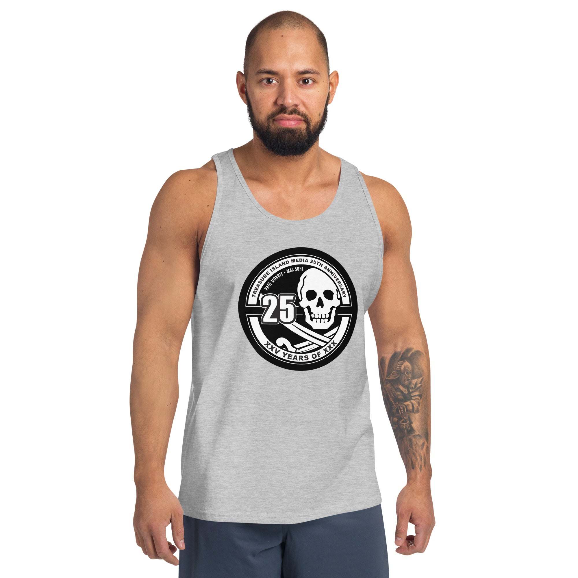 TIM 25th Anniversary Circle Logo Tank Top in gray featuring iconic logo design.