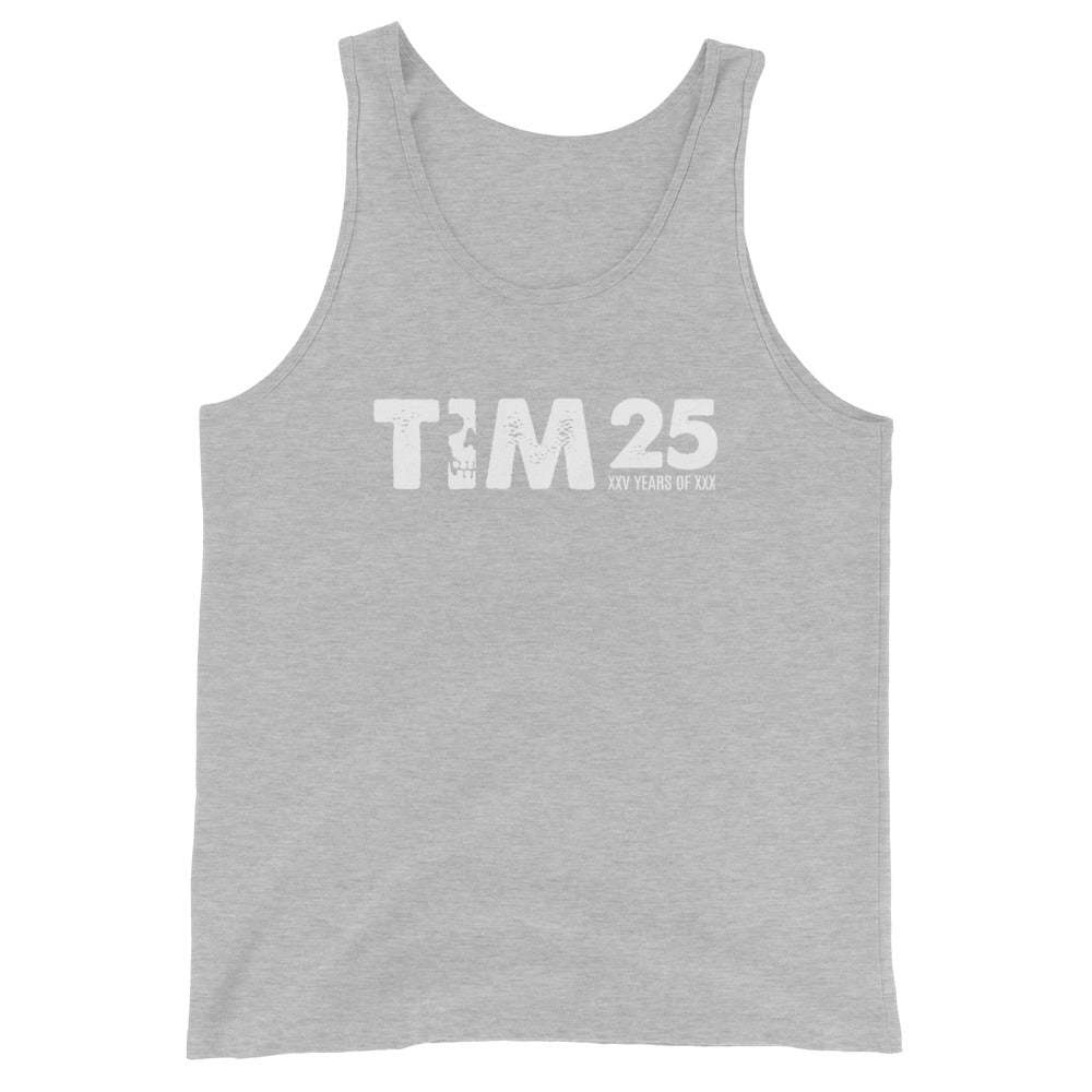 Unisex tank top in gray with printed design, soft and breathable fabric.
