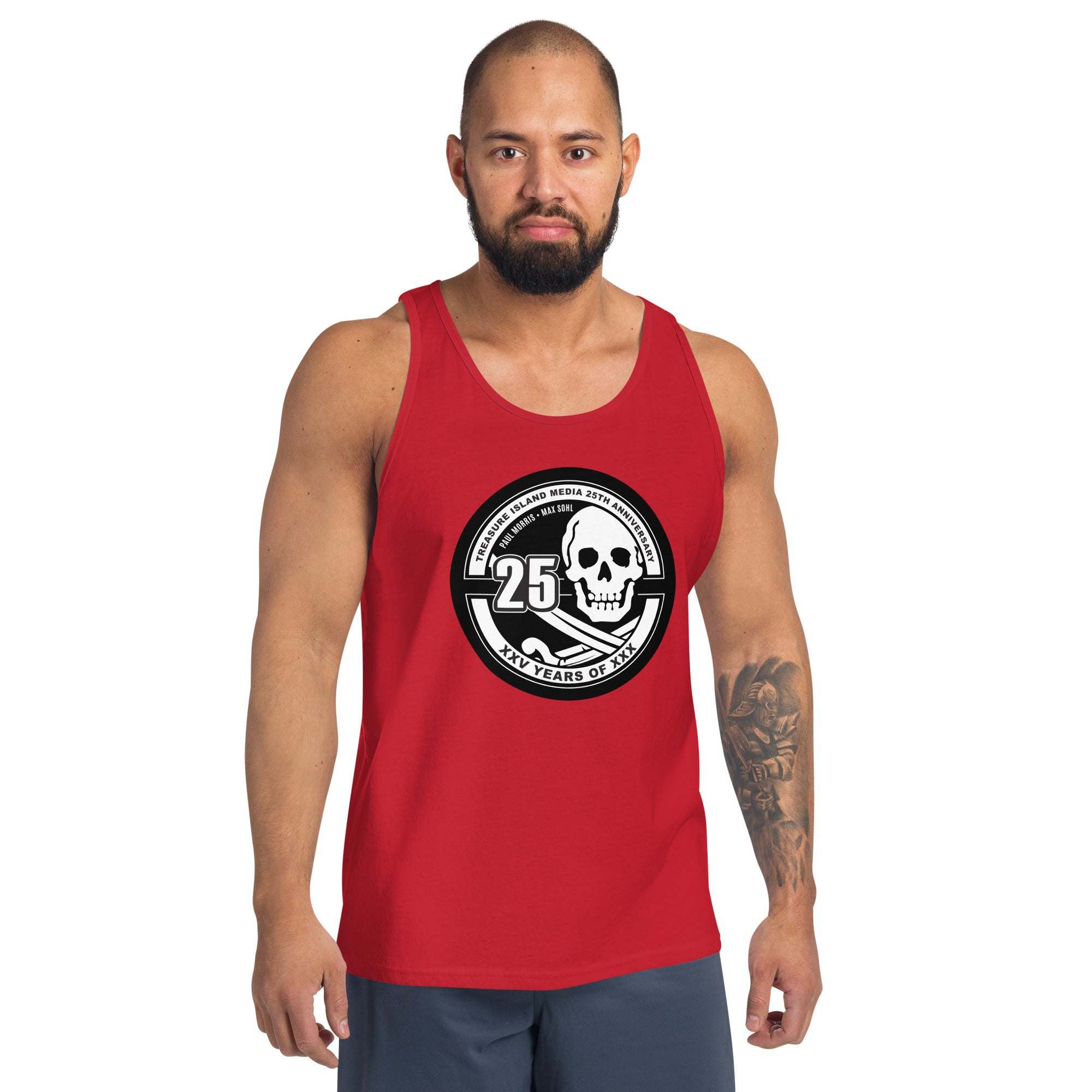 TIM 25th Anniversary Circle Logo Tank Top in red featuring iconic design.