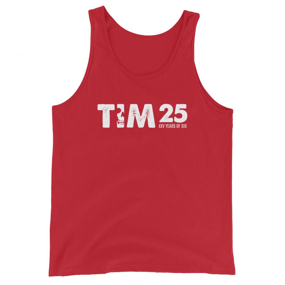 Red unisex tank top with graphic text, soft breathable fabric, versatile for workouts or casual wear.