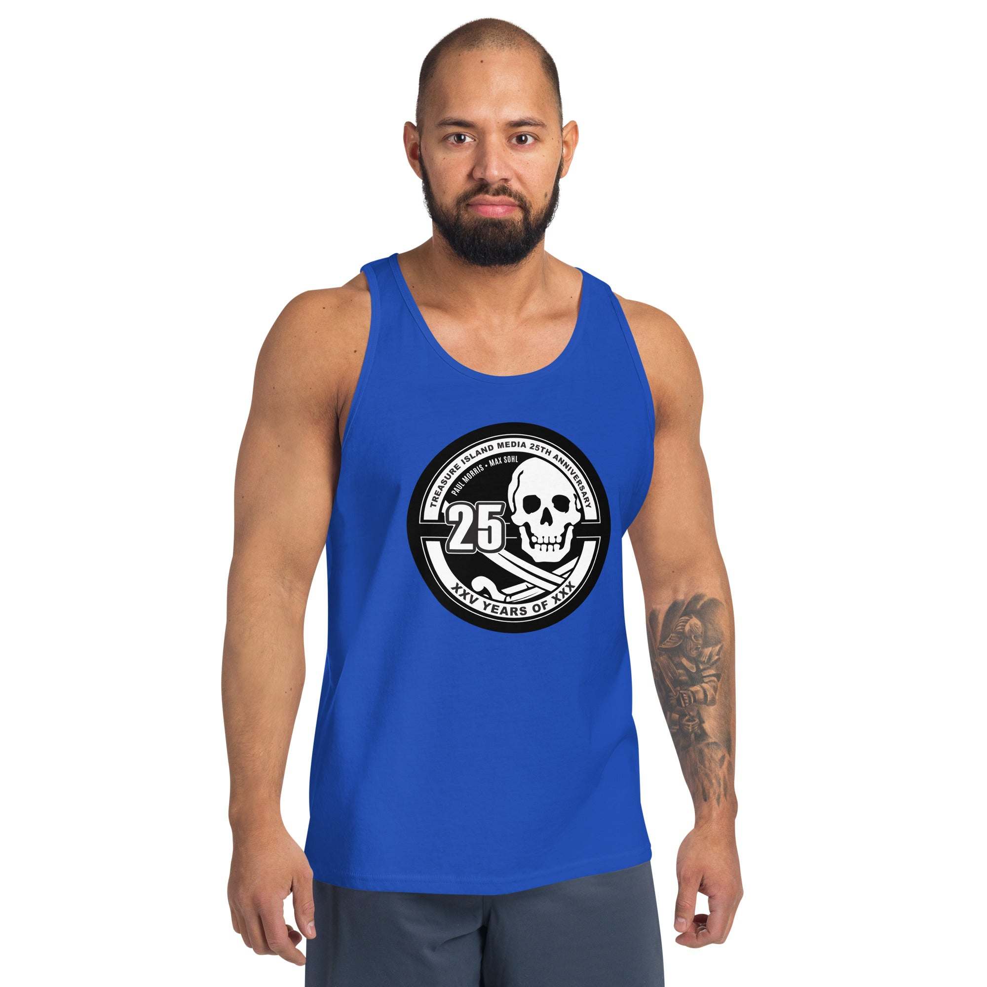 TIM 25th Anniversary Circle Logo Tank Top in blue, featuring prominent circle logo design.